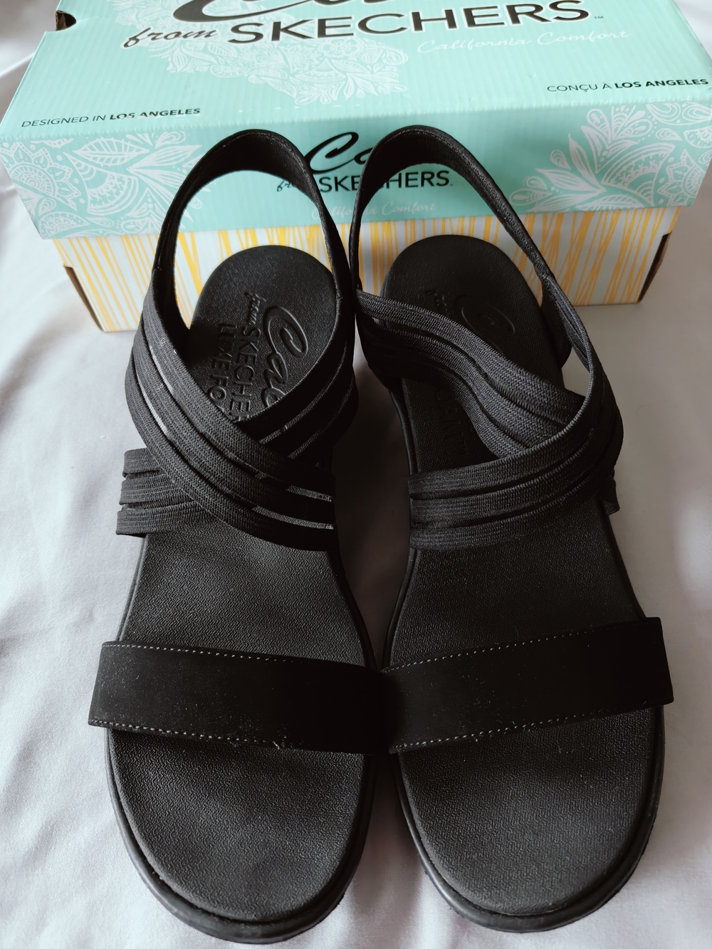 NWT Skechers Cali Luxe Foam Rumble On Wedge Sandals | Black Strappy Shoes Box 11